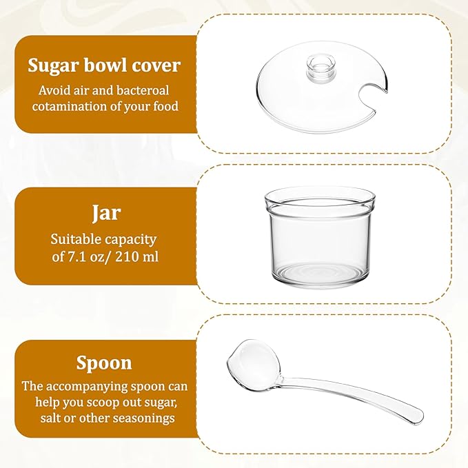 8 Pieces Clear Acrylic Sugar Bowl, 7.1 oz Seasoning Box, Condiment Pots with Spoon and Lid, Sugar Spice Salt Canister for Home Kitchen, Coffee Bar, Restaurant