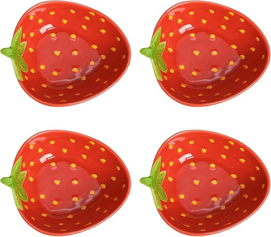 WAIT FLY Cute Multipurpose Ceramic Appetizer Plates Dessert Bowls Sauce Dish Seasoning Dishes Candy Nuts Snacks Dishes-Strawberry-4 PCS