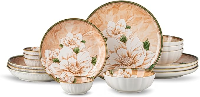 Plates and Bowls Sets for 4, 16-Piece Dinnerware Set Ceramic, Dish Sets for 4 with Camellia Floral Pattern, Microwave & Dishwasher Safe for Everyday Use & Gift Giving
