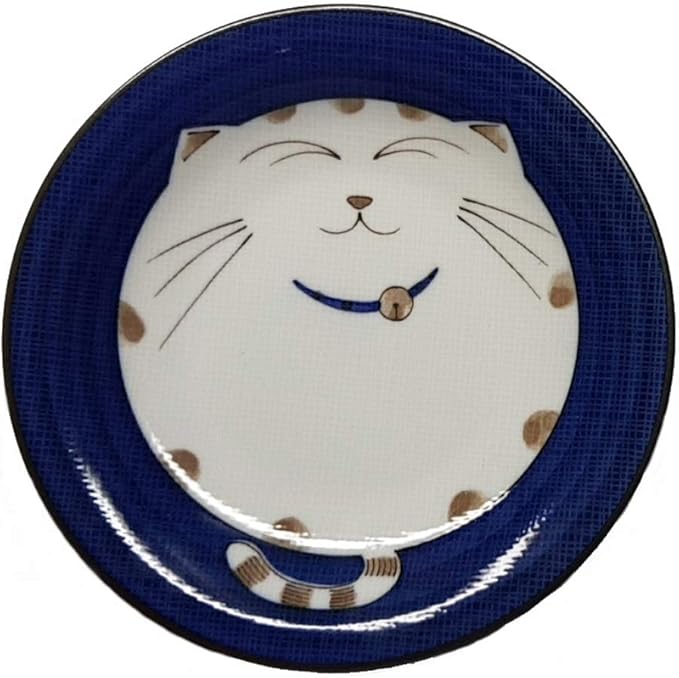 JapanBargain 2560, Set of 4 Japanese Round Porcelain Appetizer Plates for Dessert Cake Snack Maneki Neko Smiling Lucky Cat Pattern for Cat Lovers Cat Dinner Plate, Made in Japan, 6.5-inch, Blue