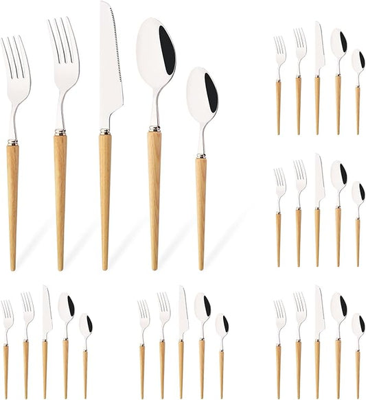 30-Piece Wood Handle Silverware Set 304 Stainless Steel Flatware Set Service For 10, Forks Spoons and Knives Set for Home, Restaurant, Wedding, Party (White Ash Wood)