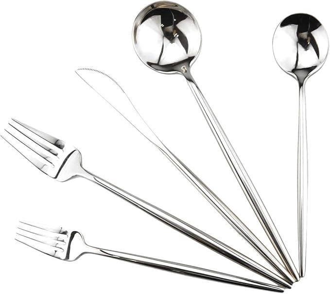 Gugrida Portable Silverware Set - 5-Piece Flatware Cutlery Set - 18/10 Stainless Steel - Mirror Polishing Silver - Travel Elegant Modern Utensils - Service for 1 Include Steak Knife Dinner Fork Spoon
