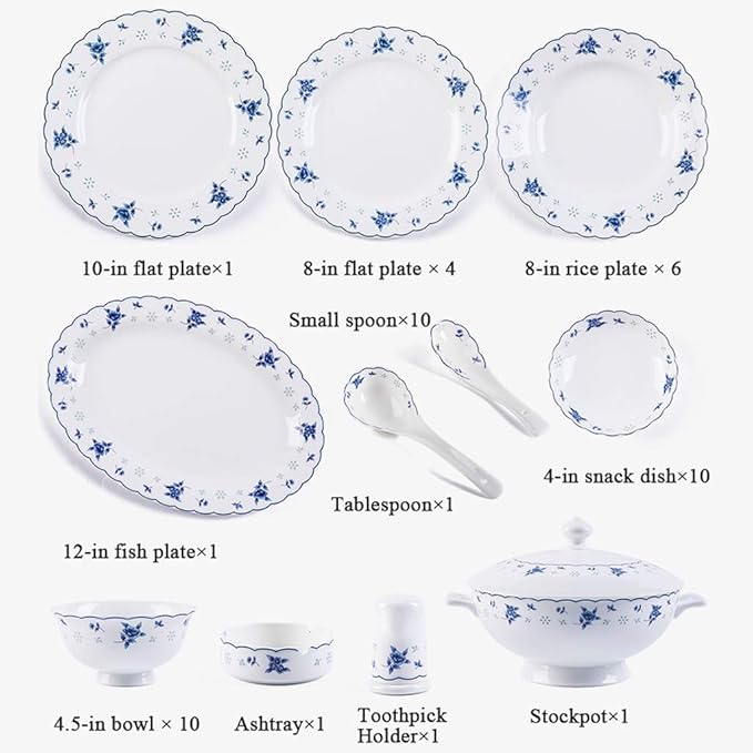 Blue and White Porcelain Tableware Set, 48 Pieces of Ceramic Tableware, Bone China Safe Material, Family Gathering Tableware, Wedding Gift Tableware