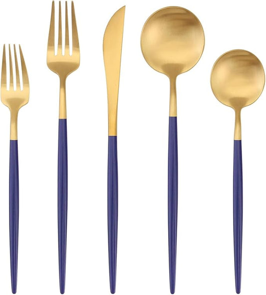 Matte Gold Silverware Set with blue handle, Bysta 5-Piece Stainless Steel Flatware Set, Kitchen Utensil Set Service for 1, Tableware Cutlery Set for Home and Restaurant, Satin Finish, Dishwasher Safe
