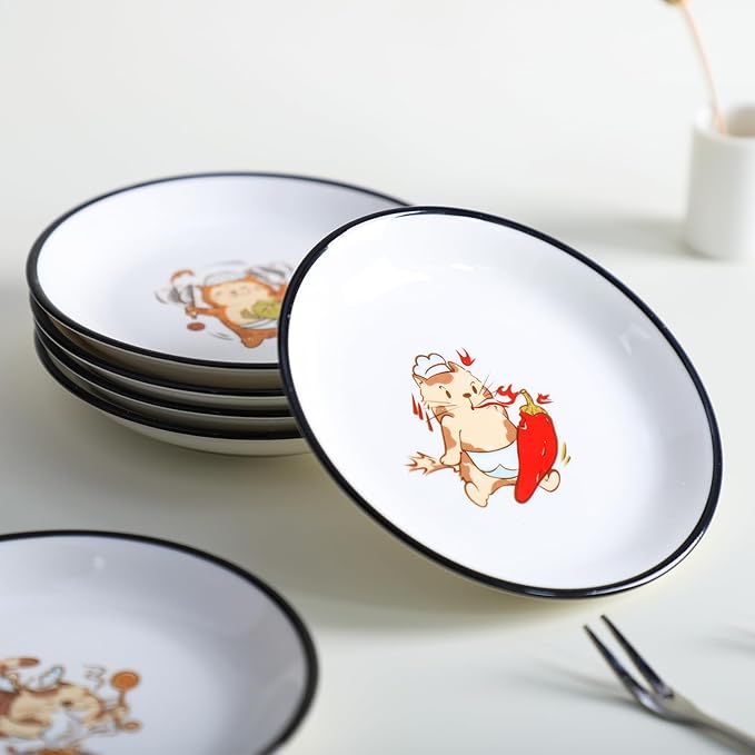 Funny Fidgety Chef Cat Pattern Ceramic Sauce Dishes, Seasoning Dishes, Sushi Soy Dipping Bowls, Appetizer Plates, Dessert Plates, Little Cat Bird Feeding Bowls, Set of 6-Chef Cat-5 Inch