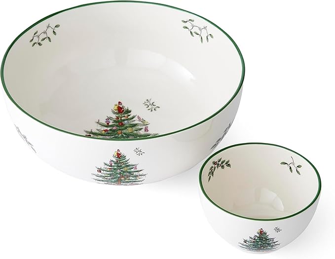 Spode Christmas Tree Tiered Chip and Dip Serving Set - 2-Piece Festive Snack Platter - Iconic Christmas Tree Motif - Porcelain, Dishwasher, Microwave, Freezer Safe - Holiday Serveware