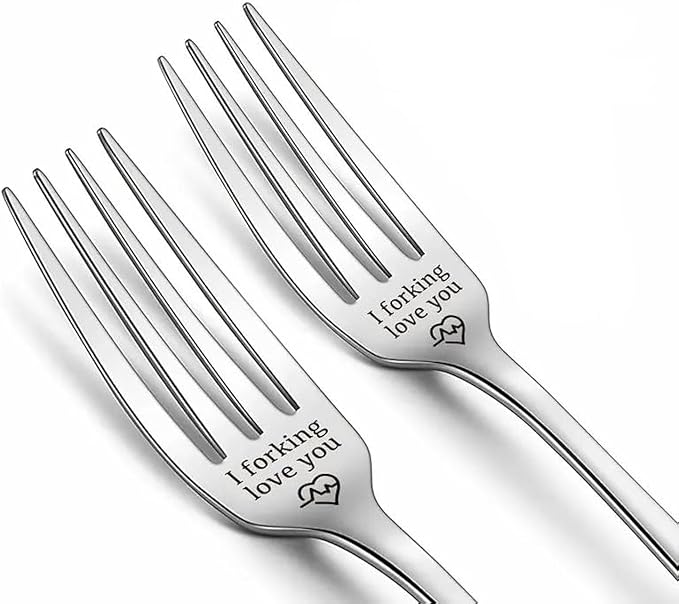 Engraved Ice Cream Spoon Gifts for Couple on Anniversary, 2 Pcs Personalized Coffee Spoon Stainless Steel, Couple Gifts for Him and Her on Valentines Day (Forks, i Forking Love You-2)