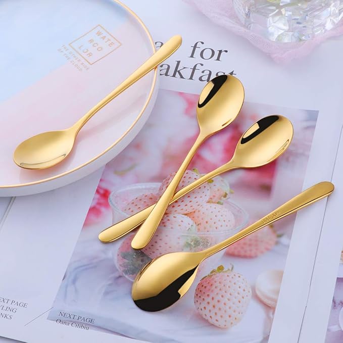 Demitasse Espresso Spoons, BuyGo 18/8 Stainless Steel Gold Teaspoon Round Mini Coffee Sugar Spoon for Home Cafe Restaurant, 6 Inch, Set of 4