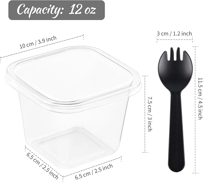 Kucoele 50 Pack 12 oz Plastic Dessert Cups with Lids and Sporks, Clear Square Cake Cups Dessert Containers for Pudding Parfait Fruit Yogurt and Shortcake