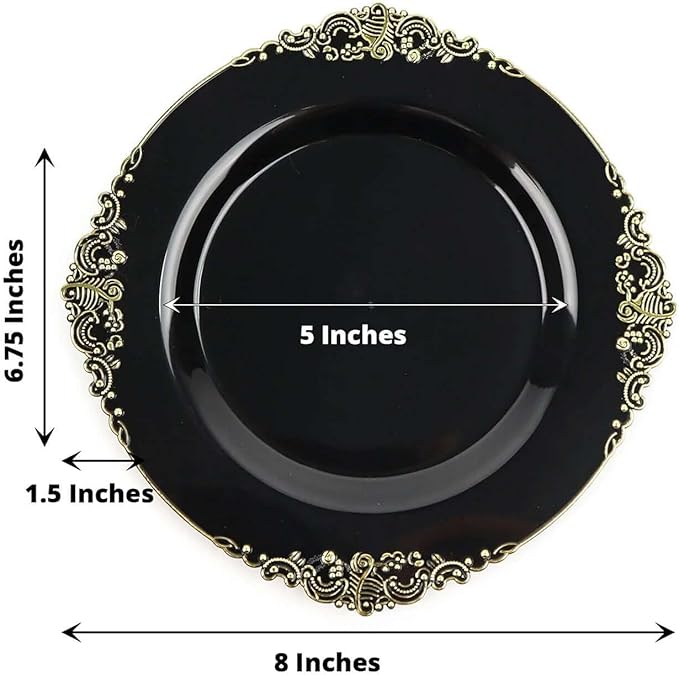8" Salad Plates -Set of 30 - Plastic Black Round Baroque Disposable Chargers Leaf Embossed Rim, Ideal for Dinner Party Wedding Bulk Events