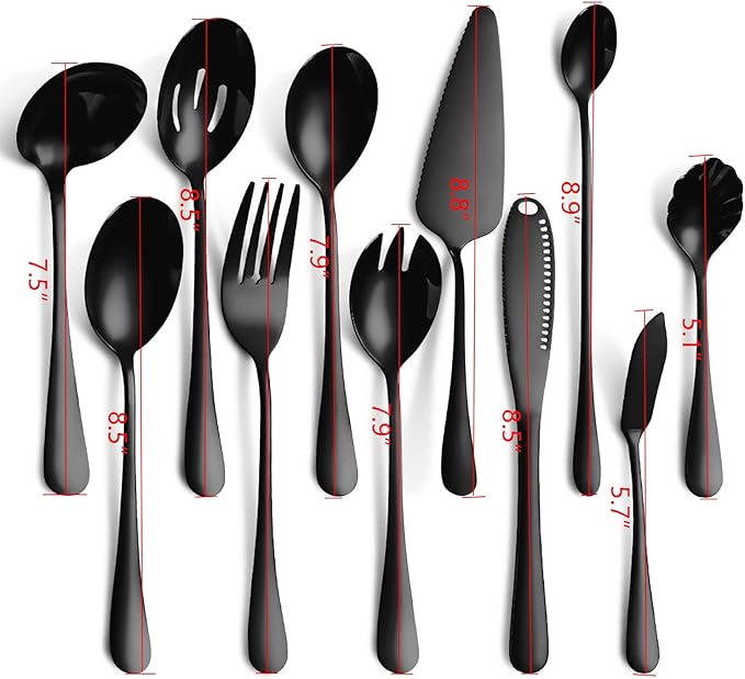 11-Piece Serving Utensil Set, Stainless Steel Modern Flatware Serving Set Serving Spoons Fork Knife Ladle, Tableware Cutlery for Home Restaurant Buffet Party (Black)