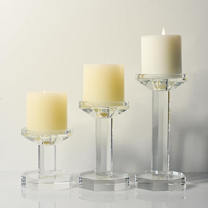 kitCom Crystal Candle Holders Set of 3, Crystal Candlestick Holders for Taper, Long Candles - Home Decoration, Wedding, Housewarming and Graduation Gifts