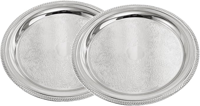 LUOZZY 2pcs Silver Metal Round Serving Tray for Dessert Cake Snacks Afternoon Tea Party
