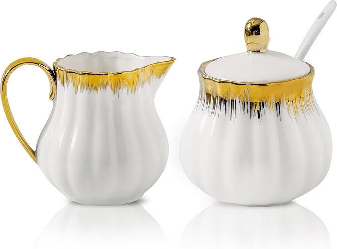 Ceramic Sugar and Creamer Set, White Sugar Bowl & Creamer Set with Gold Trim, 3 Piece with 10oz Cream Pitcher, 11oz Sugar Bowl with Lid and Spoon, Coffee Serving Set for Café, Afternoon Tea