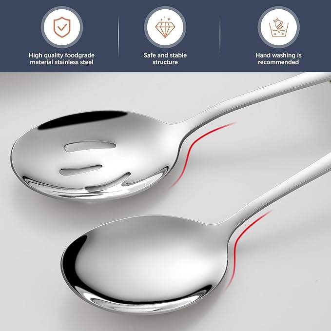 6-Piece Stainless Steel Serving Spoon Set, Mirror Polished Buffet Utensils with 3 Regular and 3 Slotted Spoons for Kitchen, Home (3 Spoons+3 Slotted Spoons)