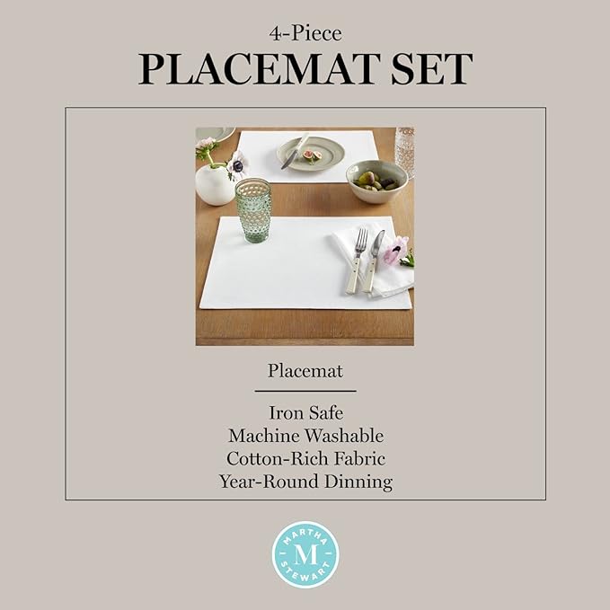 Martha Stewart Honeycomb Modern Farmhouse Reversible Placemat 4-Pack Set, White, 13"x17.5"