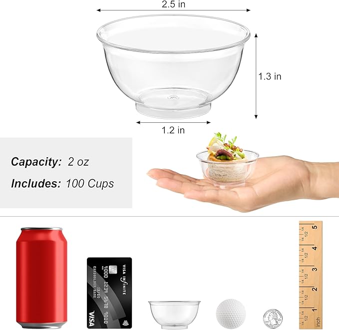 Zezzxu 100 Pack 2 oz Mini Dessert Cups, Clear Plastic Reusable Small Round Party Serving Tiny Bowls for Individual Appetizers, Trifle, Cheesecake, Hors D'oeuvres
