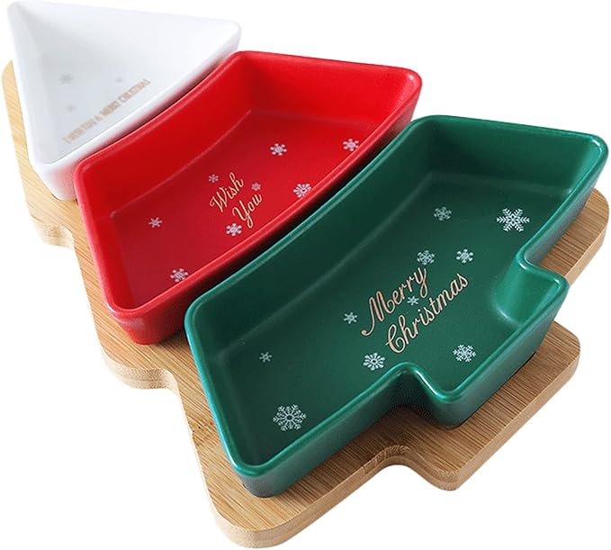 Colorful 11.6 Inches Big Colorful Snack Appetizer Trays Set, Christmas Tree Dessert Serving Dishes, Snack Platter, 3 pcs Removable Porcelain Plates with Bamboo Tree Tray