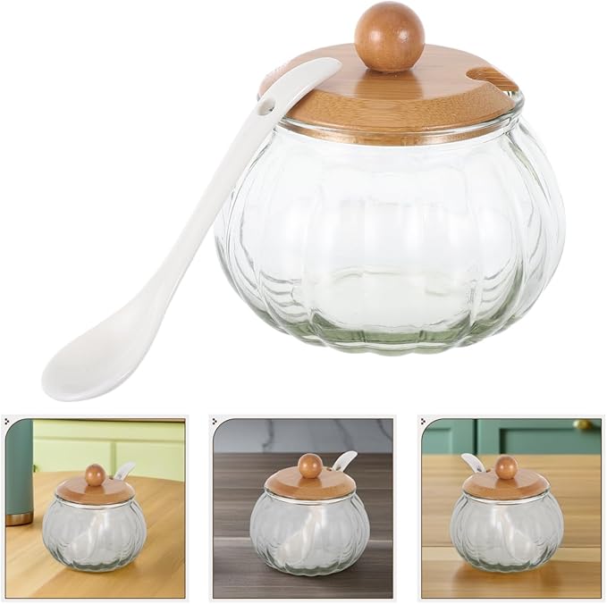 LIFKOME Clear Glass Sugar Bowl With Wooden Lid and Spoon Pumpkin Shaped Clear Glass Candy Jar Glass Sugar Storage Dispenser Container Seasoning Box Salt Bowl for Home Kitchen