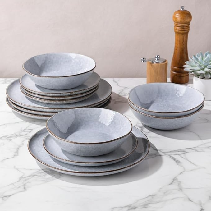 AmorArc Ceramic Dinnerware Sets,Handmade Reactive Glaze Stonewre Plates and Bowls Sets,Highly Chip and Crack Resistant | Dishwasher & Microwave Safe Dishes Set,Service for 4 (12pc)