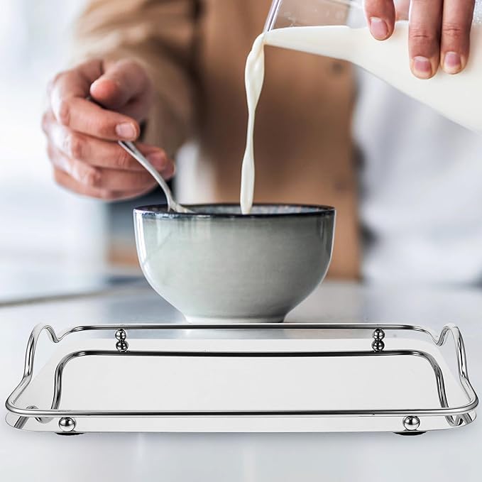 Rectangular Stainless Steel Serving Tray with Handles Small Silver Mirror Finish Food Tray for Beverage and Dinner 1pcs Sturdy for Household and Entertaining