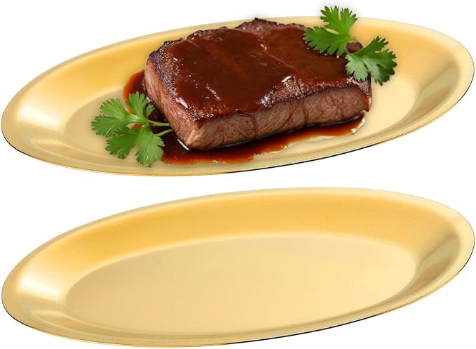 SANQIAHOME 11.8x7.6 Inch Thick Stainless Steel Dinner Plate 2-Piece Set, Egg-Shaped Appetizer Plate,Gold