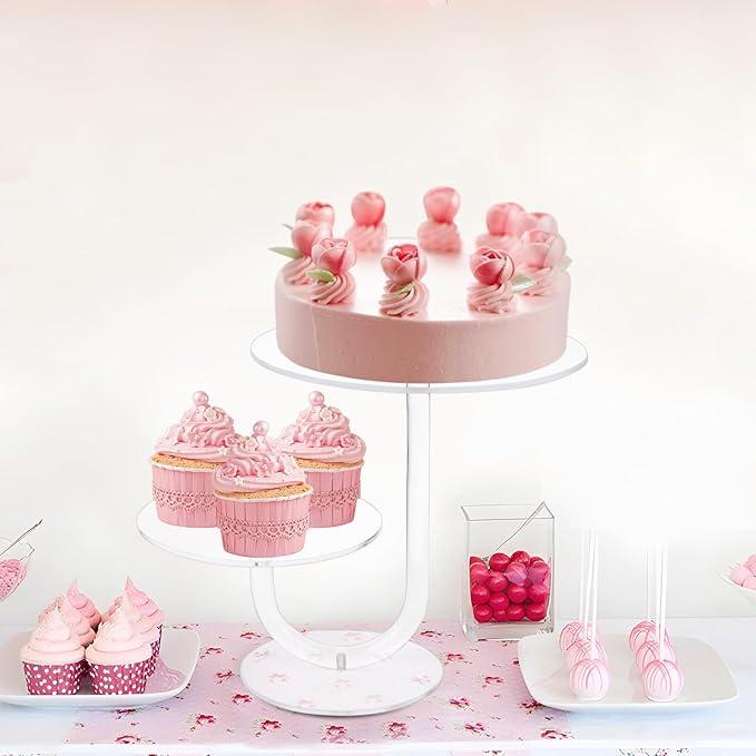 2 Tier Cake Stand Acrylic Cupcake Holder - Premium Dessert Display Stands for Dessert Table - Clear Cupcake and Cake Stand Combo for Weddings, Parties, Events, Decorations - Diameter 6" and 8"