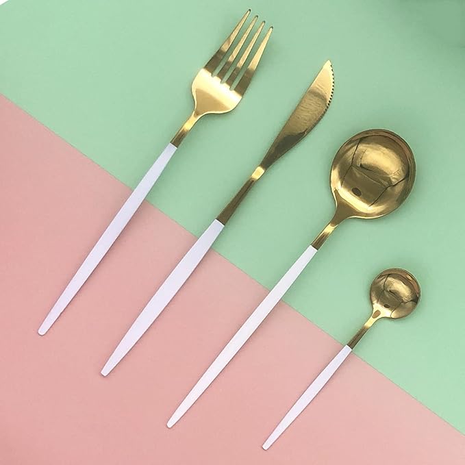 Gold Silverware Set, 24-Piece Stainless Steel Flatware Set Service For 6, Mirror Polished White Handle Tableware Cutlery Set Knife Fork And Spoon For Home & Restaurant, Dishwasher Safe