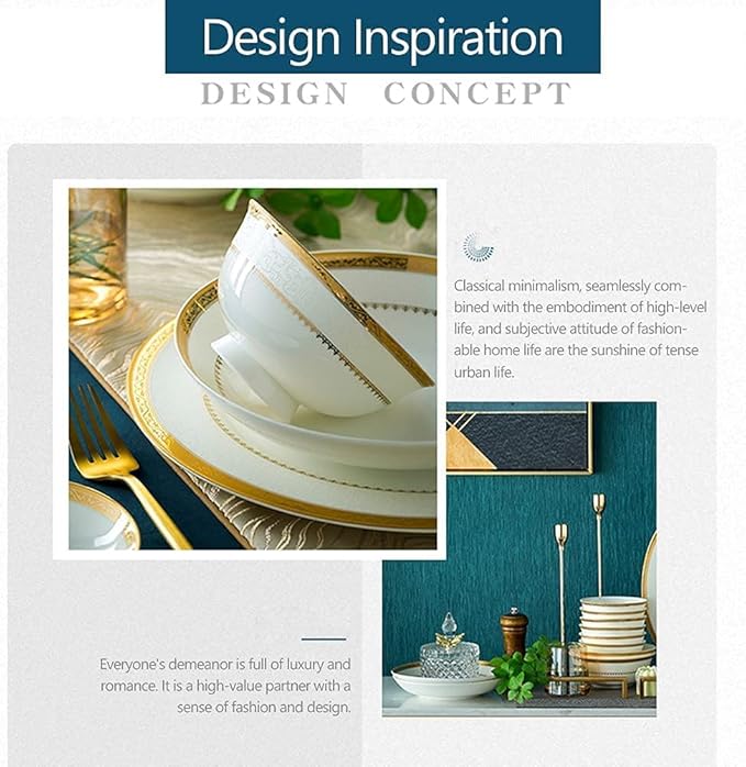 Dinnerware Set Luxury Family Dinner Service Set, 30/56/60PCS Ceramic Dinnerware Set Bone China Tableware Dishes Plates Ceramic Combination Dinner Service Set Po