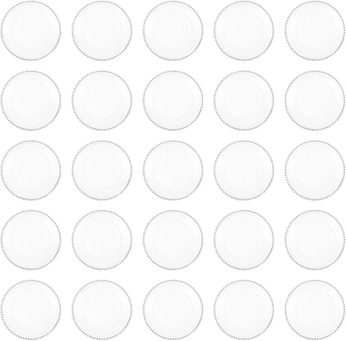 25 Pack Silver Charger Plates – Elegant Round Decorative Plates with Beaded Edge – Clear & Gold Hot-Stamped PS Platters for Weddings, Parties, Banquets – Stackable, Reusable