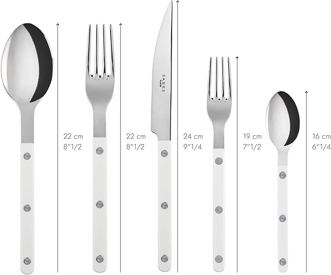 SABRE PARIS - 5-Piece Flatware Set - Bistrot Collection - Knife, Fork, Soup Spoon, Teaspoon & Dessert Fork - Stainless Steel & Nylon - Dishwasher Safe - White - Brilliant Finish