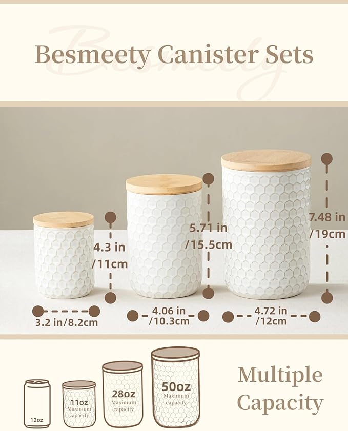 Besmeety Canisters Sets for the Kitchen, Flour Sugar Storage Containers, Ceramic Kitchen Canisters for Countertop with Airtight Lid, 11oz 28oz & 50oz Coffee Tea Sugar Container Set of 3