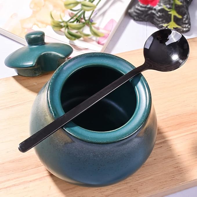 Green Ceramic Sugar Bowls with Spoon Porcelain Salt Container with Lid for Home and Kitchen