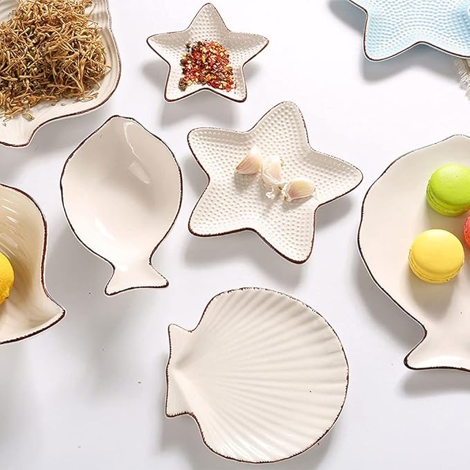 Sauce Dish Set of 2 Sauce Dish Ocean Starfish Shell Fish Shape Ceramic Appetizer Plates Snack Fruit Sushi Dessert Jewelry Plates Dinnerware Trays Home Decoration Dip Bowl (8.27x5.31in)