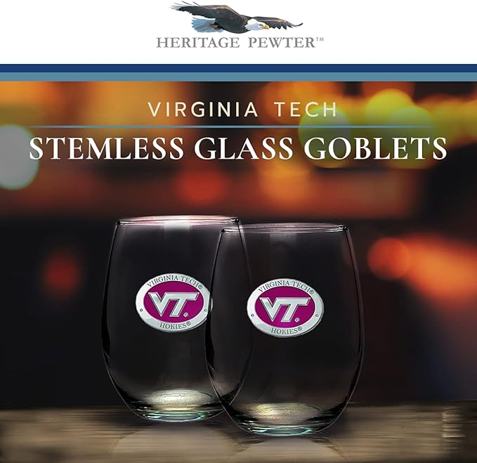 Heritage Pewter Virginia Tech Stemless Glass Goblets – Set of 2 | 15 OZ Goblet Wine Glasses | Expertly Crafted Pewter Glass