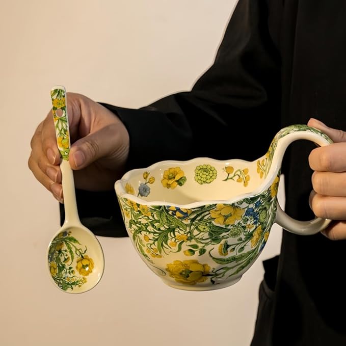 16.91oz/500ml Handpainted Soup Bowl with Handle,Ceramic Cereal Bowl Microwave & Dishwasher Safe,Loop Handle Bowl Great for Soup,Yogurt,Snack,Chip,Stew,Ice Cream,Coffee (Winter Jasmine)