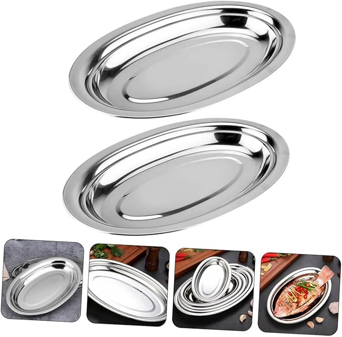 2Pcs Stainless Steel Oval Plates for Steaming Fish and Snacks Home Snack Dish Easy to Clean Restaurant Pastry Plate Silver Serving Tray