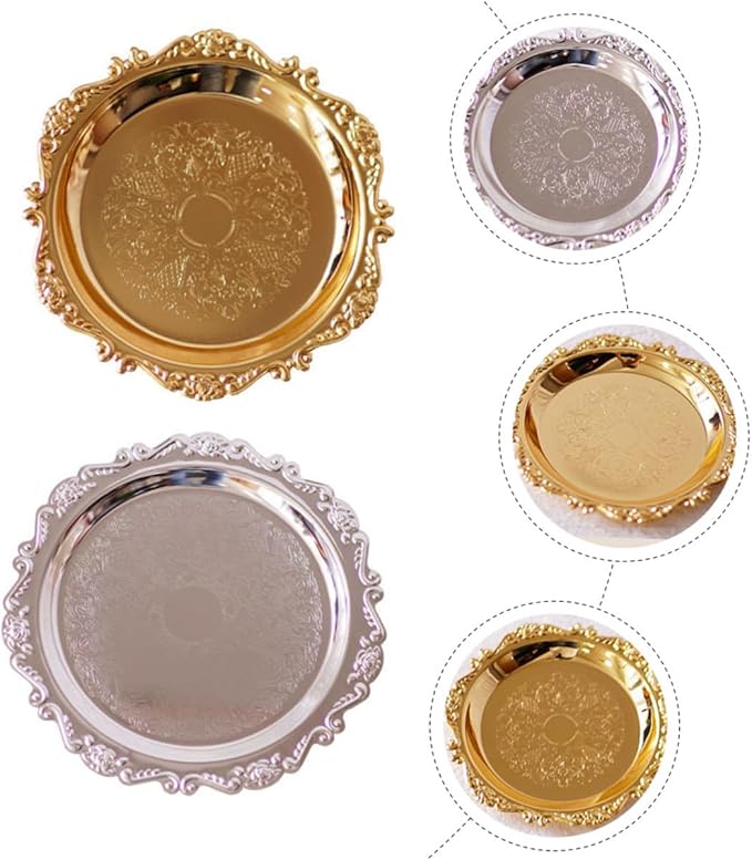 2 Pcs Stainless Steel Food Serving Trays Fruit Storage Plates for Snacks and Desserts Silver and Gold Pastry Platters for Family Restaurant Hotel Use