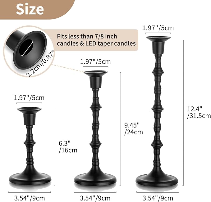 Nuptio Black Candle Holder for Candlestick: Set of 3 Gothic Taper Candle Stick Holders - Tall Metal Candleholders for Halloween Christmas Fireplace Dining Room Table Centerpieces