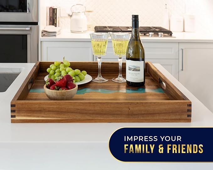 Extra Large (22") Square Premium Blue River Resin Acacia Wood Ottoman Tray with Handles - Serve Food in Style for Dinner, Breakfast, Snacks, BBQ, Entertaining Guests & More