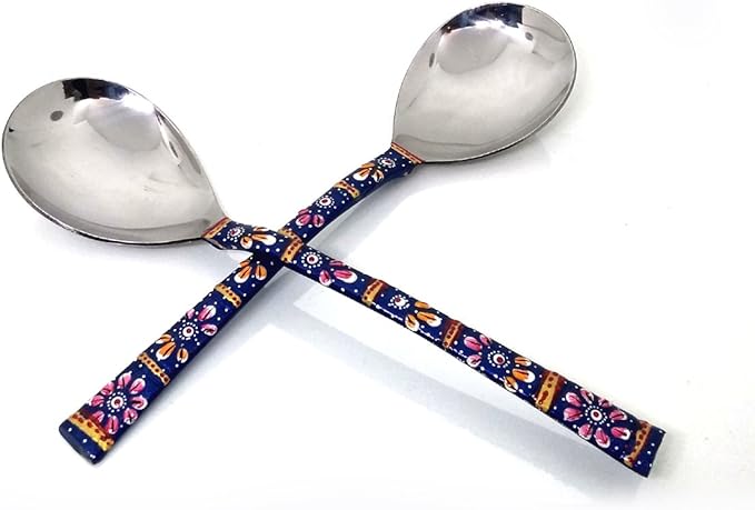 Rastogi Handicrafts Copper Bamboo Hand Painted Meena Work Dinnerware flatware serving spoon utensils Set Of Two (Blue)