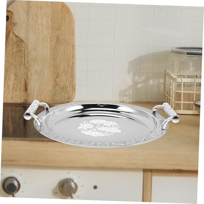 Round Floral Serving Tray for Fruits and Snacks Stainless Steel Decorative Plate for Parties and Buffets