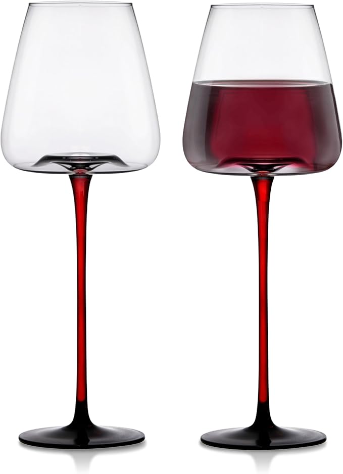 LEMONSODA Concave Champagne & Wine Glasses - Modern Red Stem & Black Bottom for Sparkling Wine, Rosé, Prosecco, Champagne – Handcrafted Barware, Perfect for gift (20oz, Set of 2)