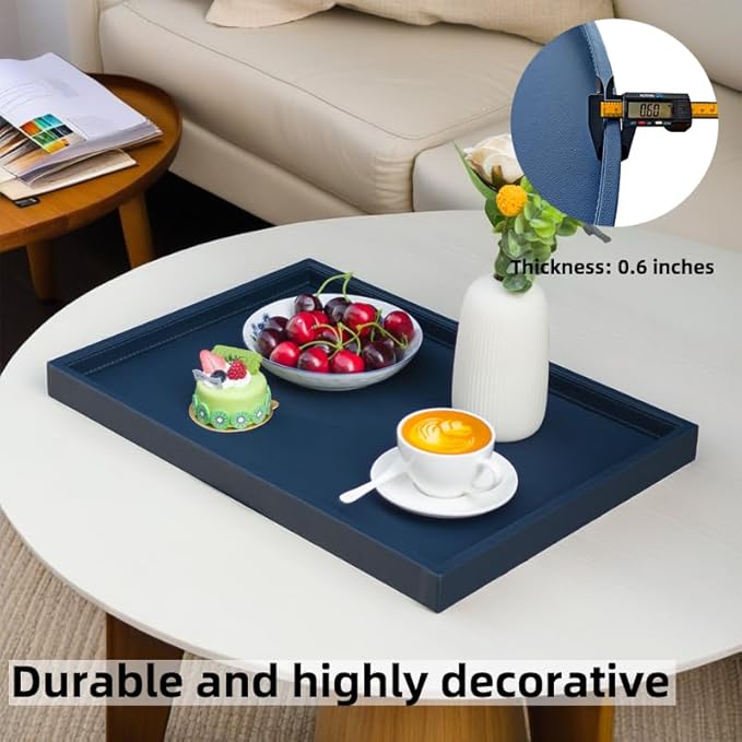 40 * 20 Inch Rectangular Ottoman Tray | Textured PU Leather, Waterproof & Heat-Resistant Storage for Coffee/Dining Tables, Sofa, Bed, Entertainment & Party (Navy Blue, 40 * 20in)