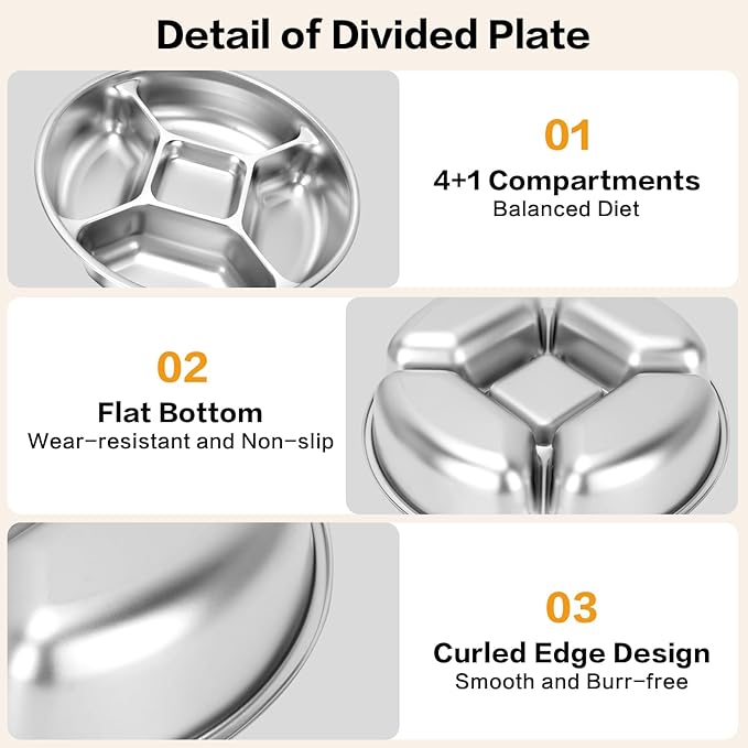 Stainless Steel Divided Dinner Plate 8'' Reusable Portion Control Plate - Metal Separated Plates & Lunch Dinner Plates Set - Round Serving Platter, BPA-Free Microwave-Safe for Meal Prep, Work & Family