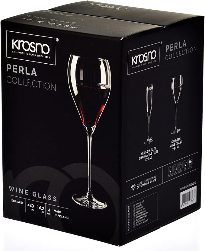 Krosno Red Wine Glasses, Set of 4, 16.2 oz, Perla Collection, Elegant Rounded Shape, Durable Crystalline Glass, Unique Design, Dishwasher Safe, Made in Europe