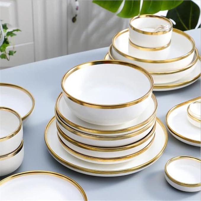 Nordic Style Gold Inlay Bright White Porcelain Dinner Sets Ceramic Bowl Dish Plates Set Porcelain Dinnerware for Household Hotel