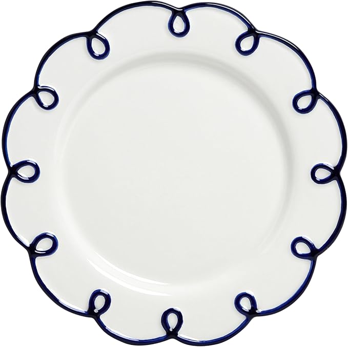 Sango 12-Piece Earthenware Dinnerware Set for 4, Glossy White Plates and Bowls Sets with Navy Scalloped Rims, Premium Dish Set, Holiday Dishes for Gifting & Hosting Christmas Party, Splash of Cheers