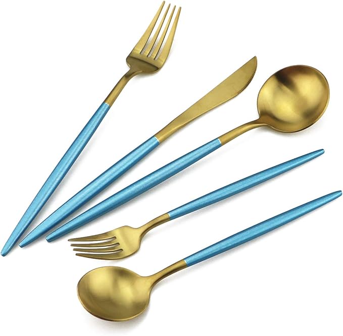 Gugrida Blue Gold Flatware, Royal 5 Piece Matte Blue Handle 18/10 Stainless Steel Tableware Sets for 1 Including Forks Spoons Knives, Camping Silverware Travel Utensils Set Cutlery (Blue Gold)