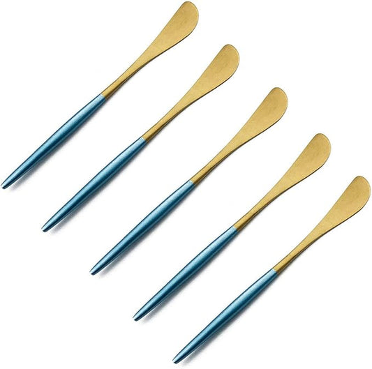 Gugrida Blue Handle Gold Flatware Set, Royal 5 Pieces Matte Blue Handle 18/10 Stainless Steel Butter Knife 6.8", Camping Cutlery Silverware Travel Utensils Set Tableware